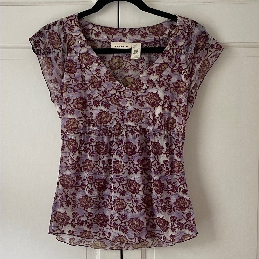 Women’s DKNY Sheer Purple Floral Top. Circa 1990’s. Size small.